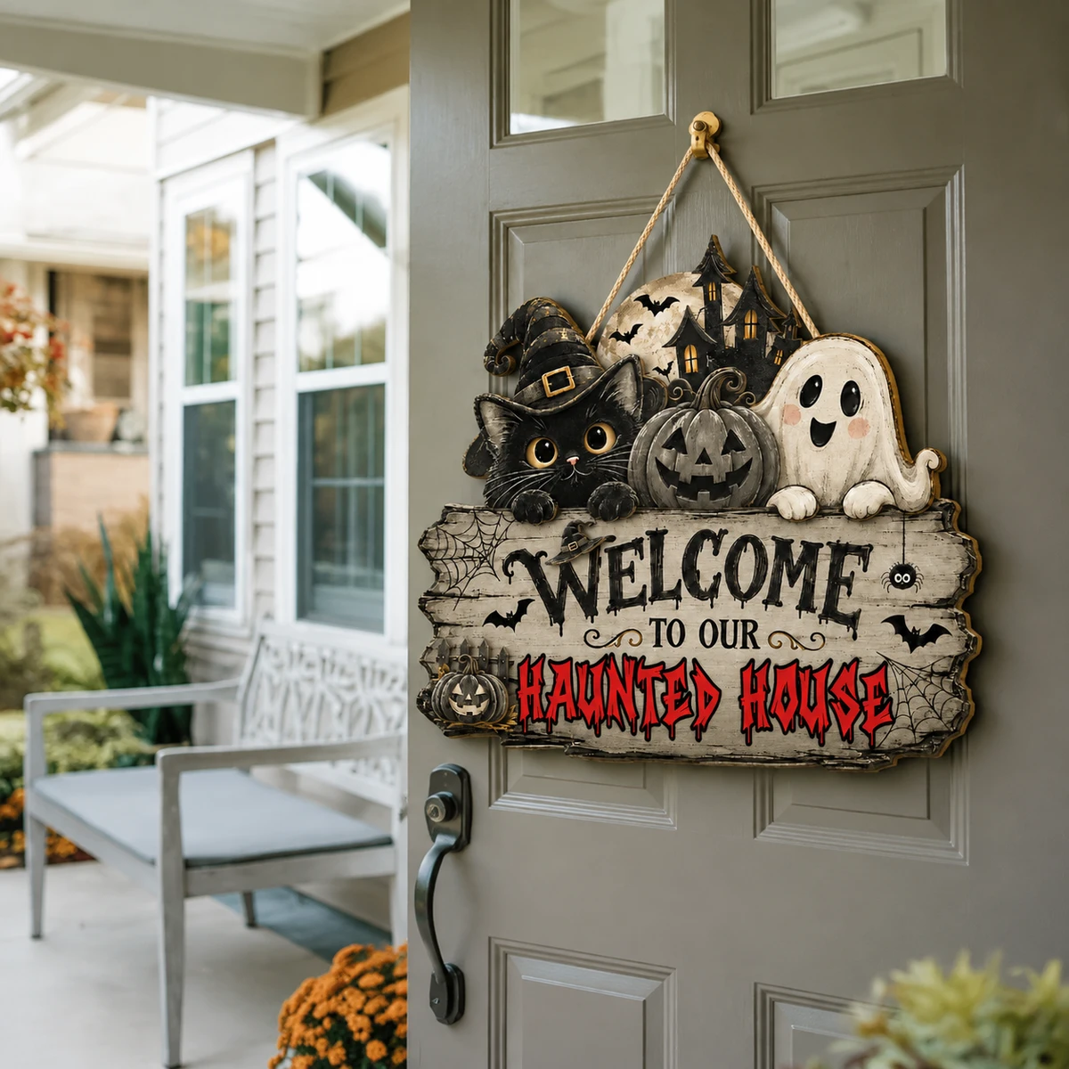 Halloween Family Door Sign Custom Name, Rustic Spooky House Welcome Plaque with Witch Cat Ghost Pumpkin, Fall Porch Decor & Holiday Gift Idea