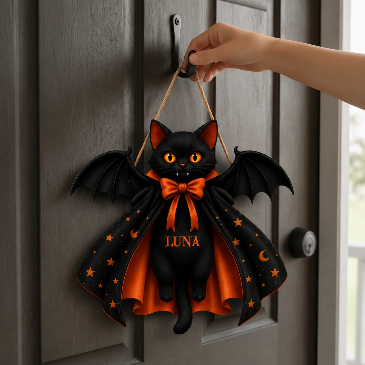 Personalized Black Cat Halloween Door Hanger, Custom Family Name Bat Wing Cat Decoration, Cute Spooky Gothic Halloween Wall Decor, Unique Fall Gift for Cat Lovers