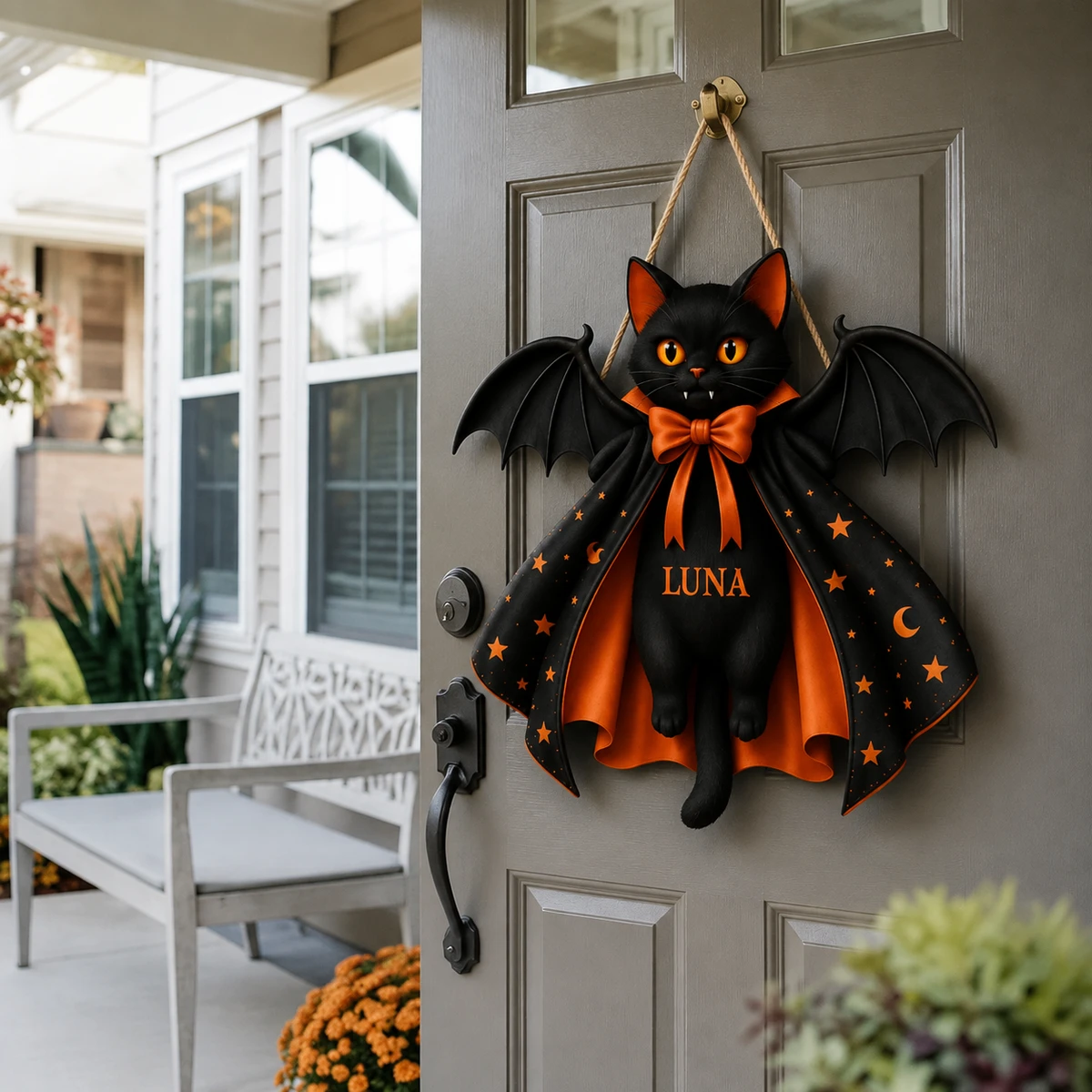 Personalized Black Cat Halloween Door Hanger, Custom Family Name Bat Wing Cat Decoration, Cute Spooky Gothic Halloween Wall Decor, Unique Fall Gift for Cat Lovers
