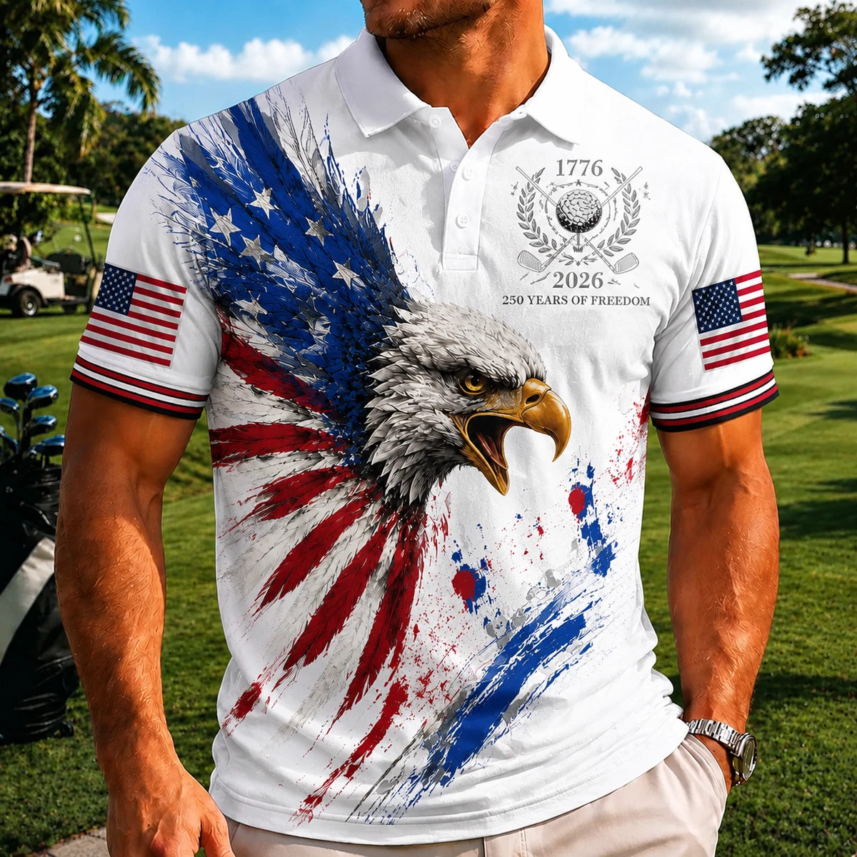 250 Years of American Patriotic Golf Polo Shirt, USA Flag 250th Anniversary AOP Polo Shirt