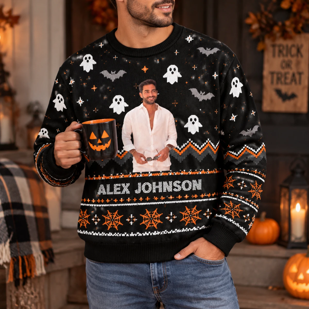 Personalized Halloween Ugly Sweatshirt Custom Portrait Photo and Name - Ghost Bat Pumpkin Spooky Holiday Sweater Gift