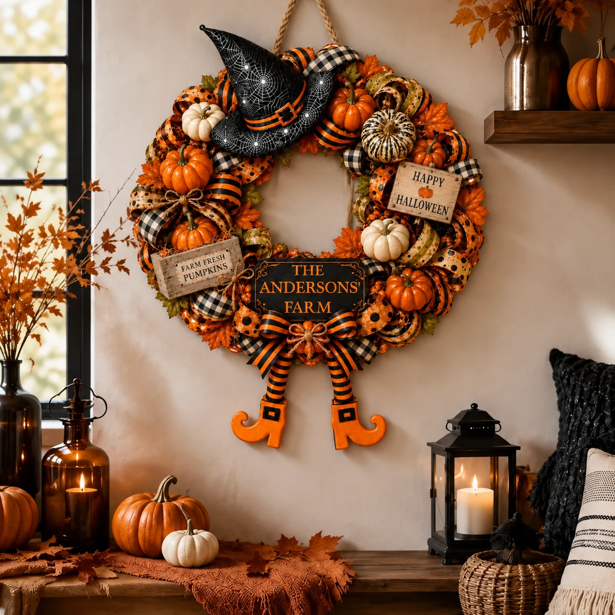 Welcome To Our Pumpkin Farm Personalized Halloween Sign, Custom Family Name Wreath Decor, Witch Hat Harvest Door Hanging Decoration