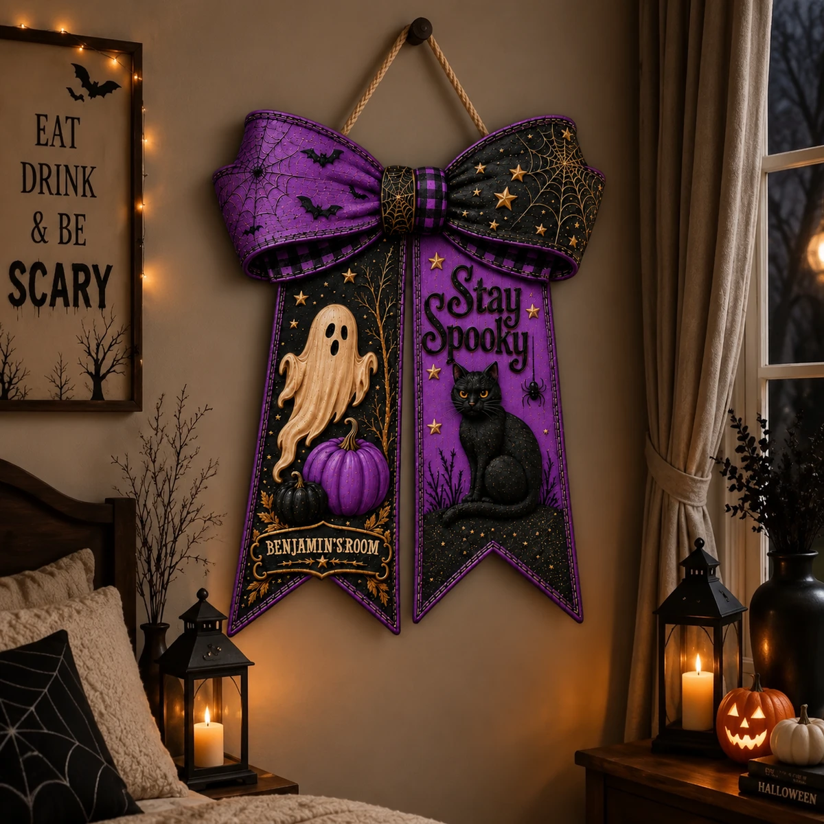 Custom Name Halloween Door Sign, Stay Spooky Witch Bow Decor, Personalized Black Cat Pumpkin Hanging Sign, Gothic Halloween Home Gift