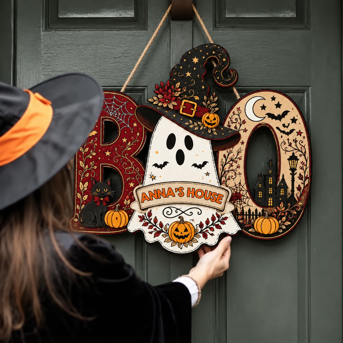 Personalized Halloween Door Sign Custom Family Name, BOO Ghost Witch Decor, Black Cat Pumpkin Front Door Hanging Sign, Spooky Home Decoration Gift