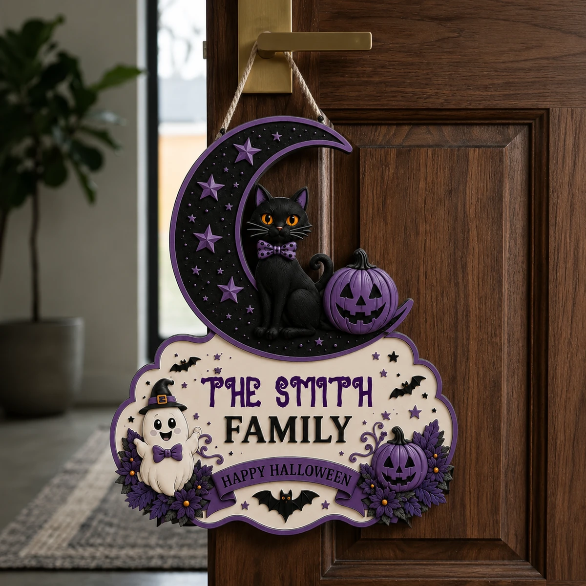 Personalized Black Cat Halloween Sign, Custom Family Name Crescent Moon Plaque, Pumpkin Bat Ghost Decor, Unique Halloween Gift