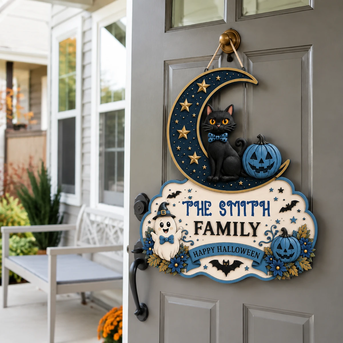 Personalized Black Cat Halloween Sign, Custom Family Name Crescent Moon Plaque, Pumpkin Bat Ghost Decor, Unique Halloween Gift