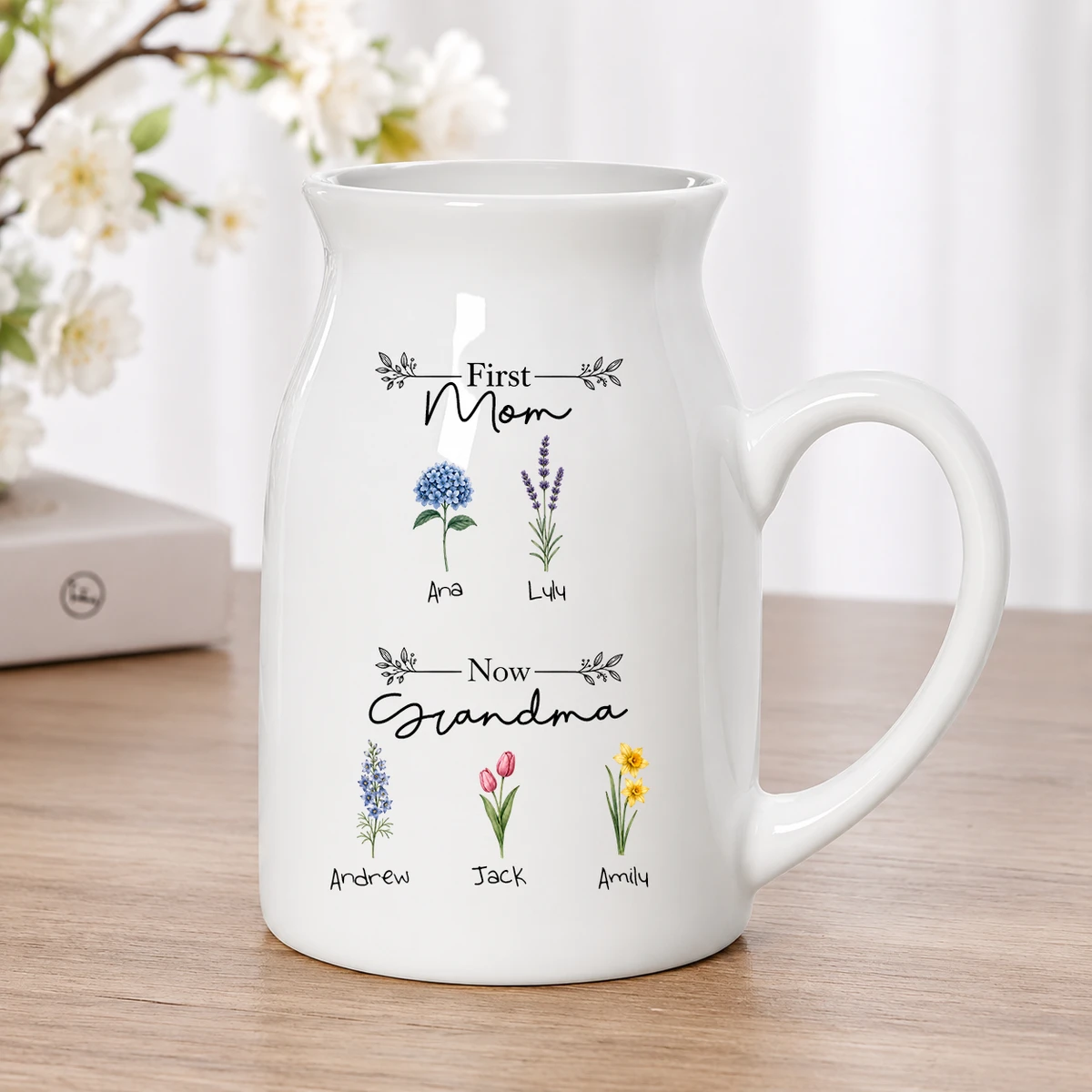 First Mom Now Grandma Birth Flowers - Personalized Ceramic Flower Vase