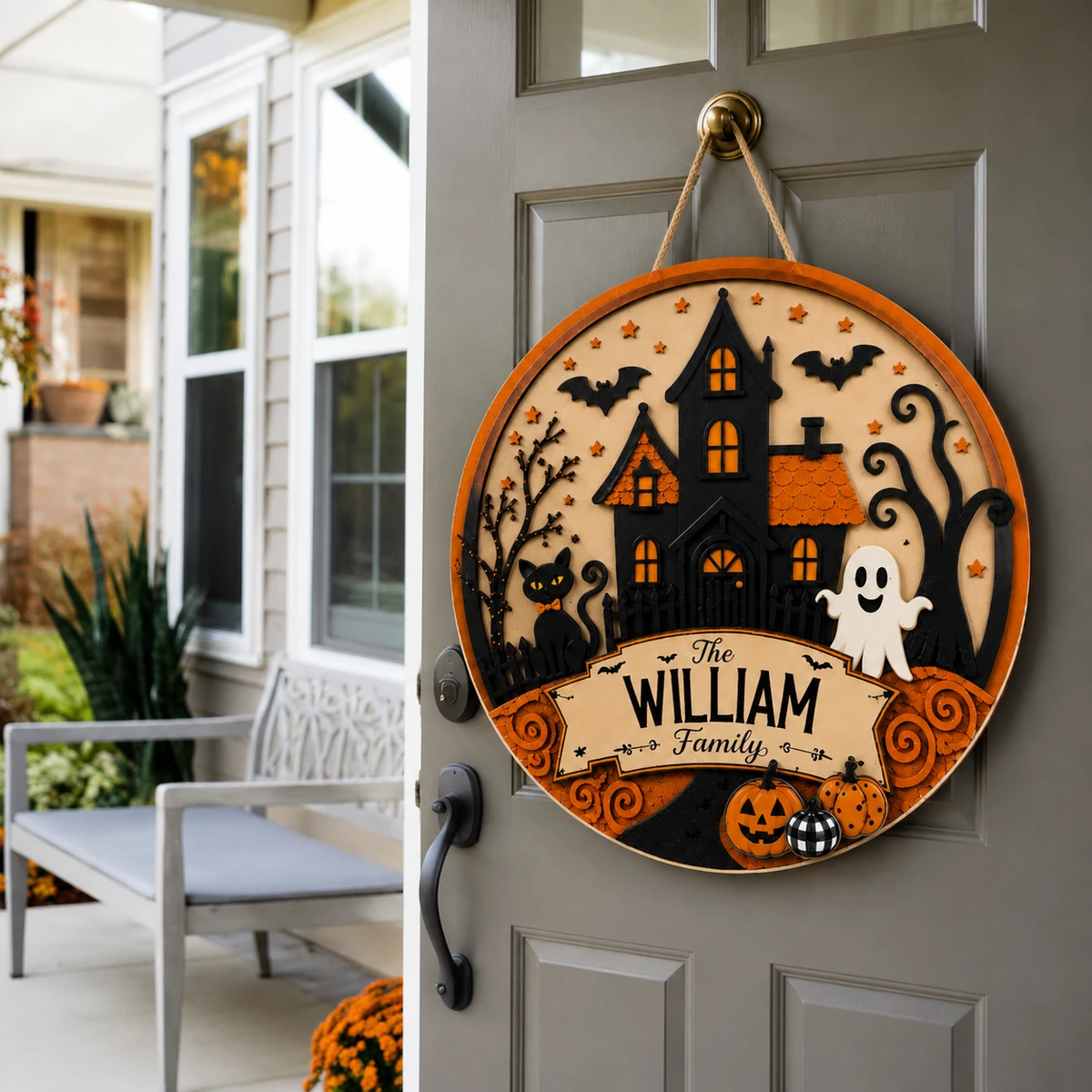 Personalized Halloween Family Door Sign, Custom Last Name Haunted House Plaque, Gothic Castle Ghost Pumpkin Decor, Spooky Front Door Gift