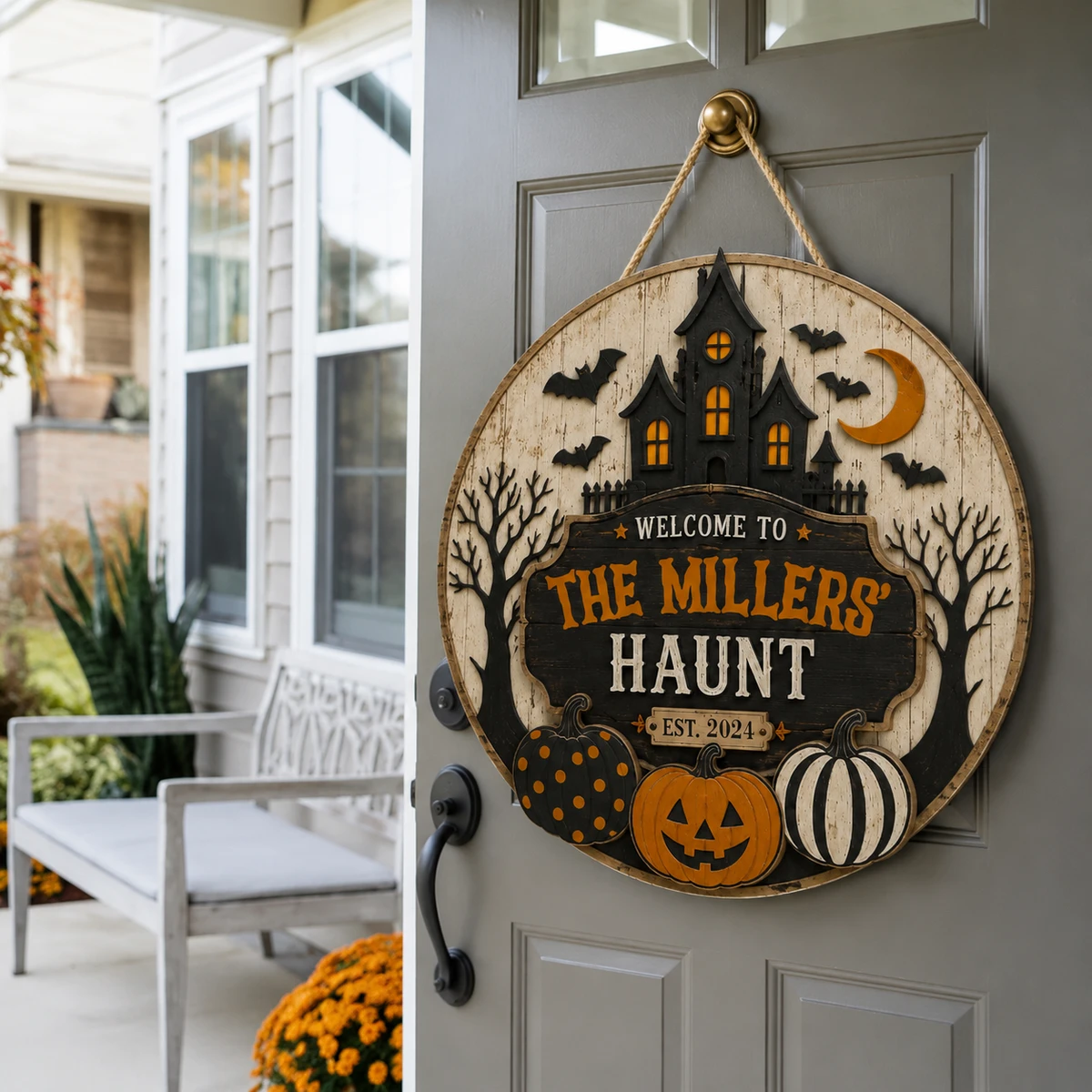 Welcome To Our Haunted House Personalized Sign, Custom Family Name Halloween Plaque, Black Castle Pumpkin Door Decor, Unique Fall Gift