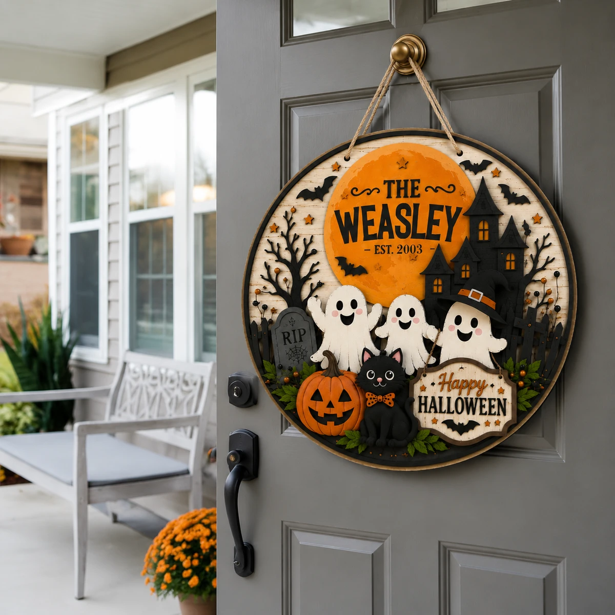 Custom Haunted Halloween Family Sign, Personalized Last Name & Established Year Door Decor, Pumpkin Ghost Cat Plaque, Family Gift Idea