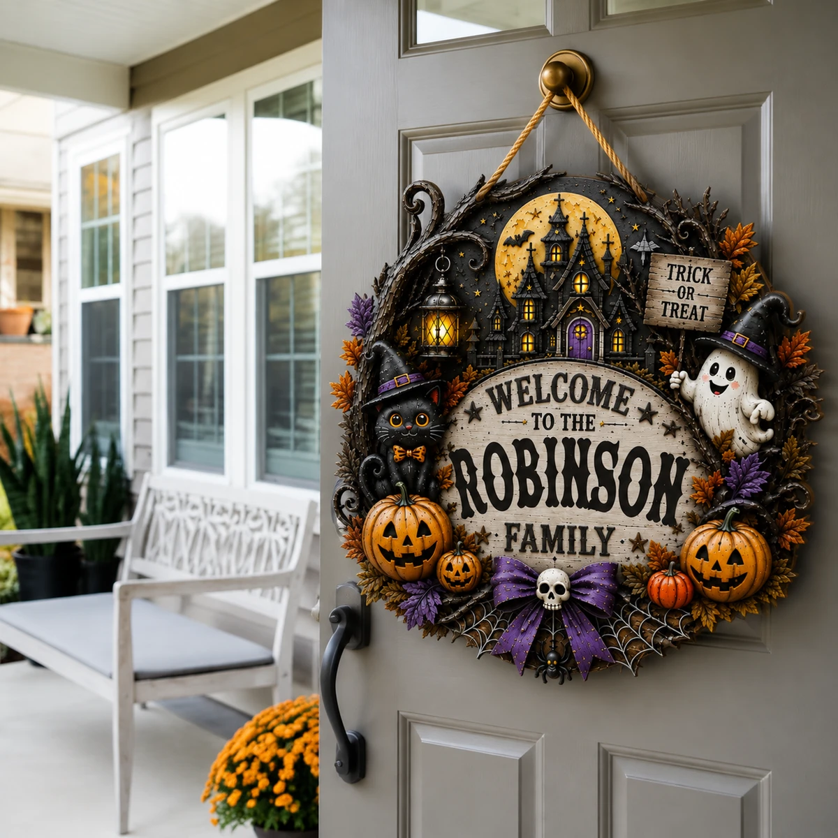 Welcome To Our Haunted House Personalized Sign, Custom Family Name Halloween Plaque, Black Cat Ghost Castle Decor, Unique Halloween Gift