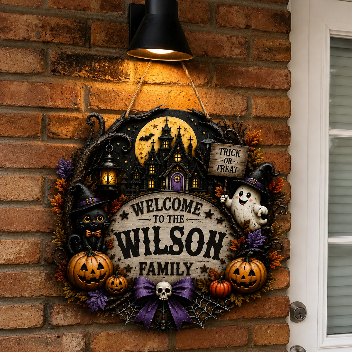 Welcome To Our Haunted House Personalized Sign, Custom Family Name Halloween Plaque, Black Cat Ghost Castle Decor, Unique Halloween Gift