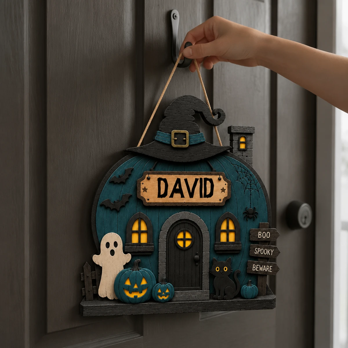 Personalized Witchy Pumpkin House Sign, Custom Name Halloween Door Plaque, Haunted Cottage Cat Decor, Unique Fall Home Gift