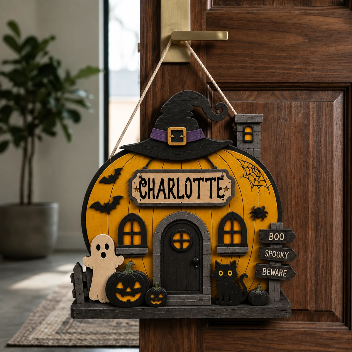 Personalized Witchy Pumpkin House Sign, Custom Name Halloween Door Plaque, Haunted Cottage Cat Decor, Unique Fall Home Gift
