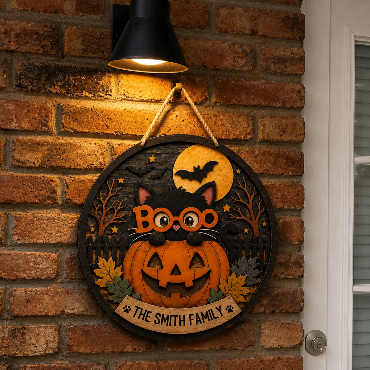 Personalized Halloween Cat Door Sign, Custom Family Name Pumpkin Plaque, Black Cat Boo Decor, Spooky Moon Front Door Gift