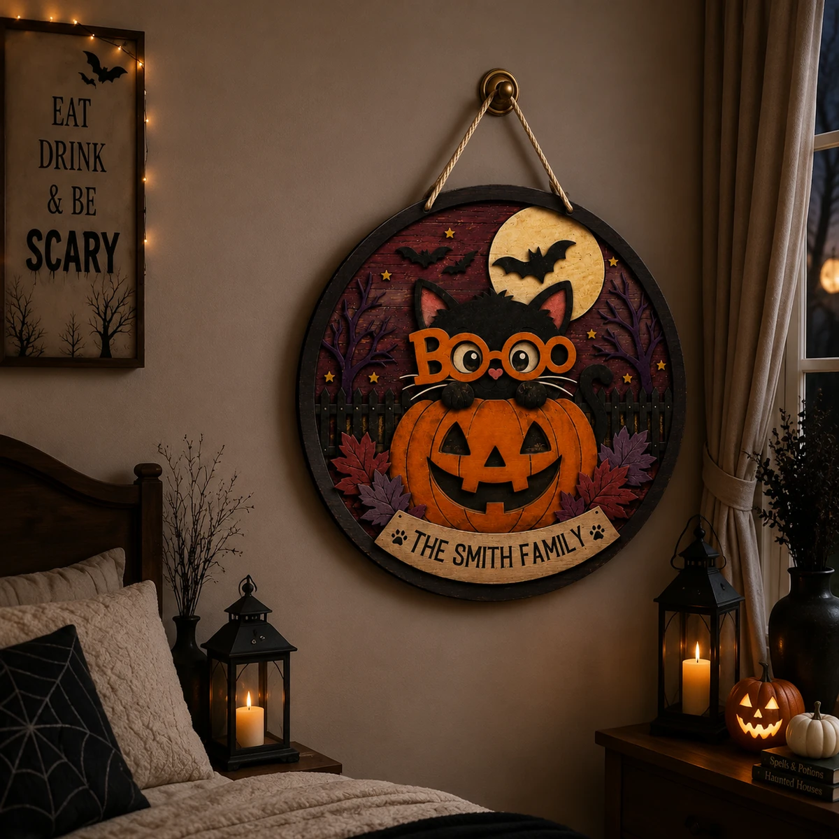 Personalized Halloween Cat Door Sign, Custom Family Name Pumpkin Plaque, Black Cat Boo Decor, Spooky Moon Front Door Gift