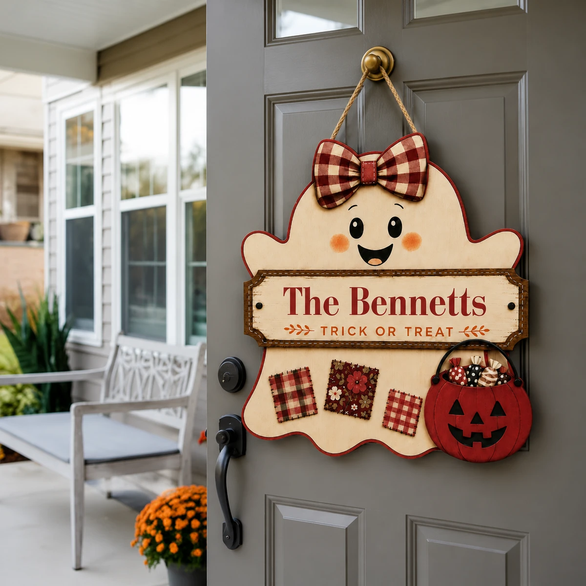 Personalized Trick Or Treat Halloween Sign, Custom Last Name Ghost Plaque, Pumpkin Basket Ghost Decor, Unique Family Holiday Gift