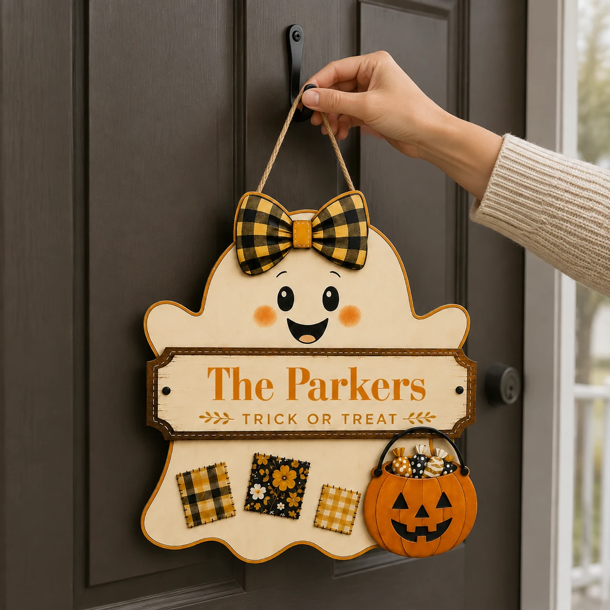 Personalized Trick Or Treat Halloween Sign, Custom Last Name Ghost Plaque, Pumpkin Basket Ghost Decor, Unique Family Holiday Gift