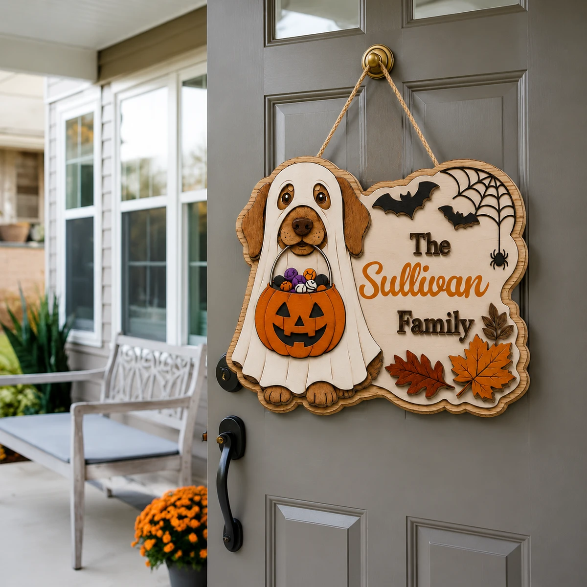 Personalized Ghost Dog Halloween Sign, Custom Family Name Door Plaque, Puppy Pumpkin Candy Decor, Unique Pet Lover Halloween Gift