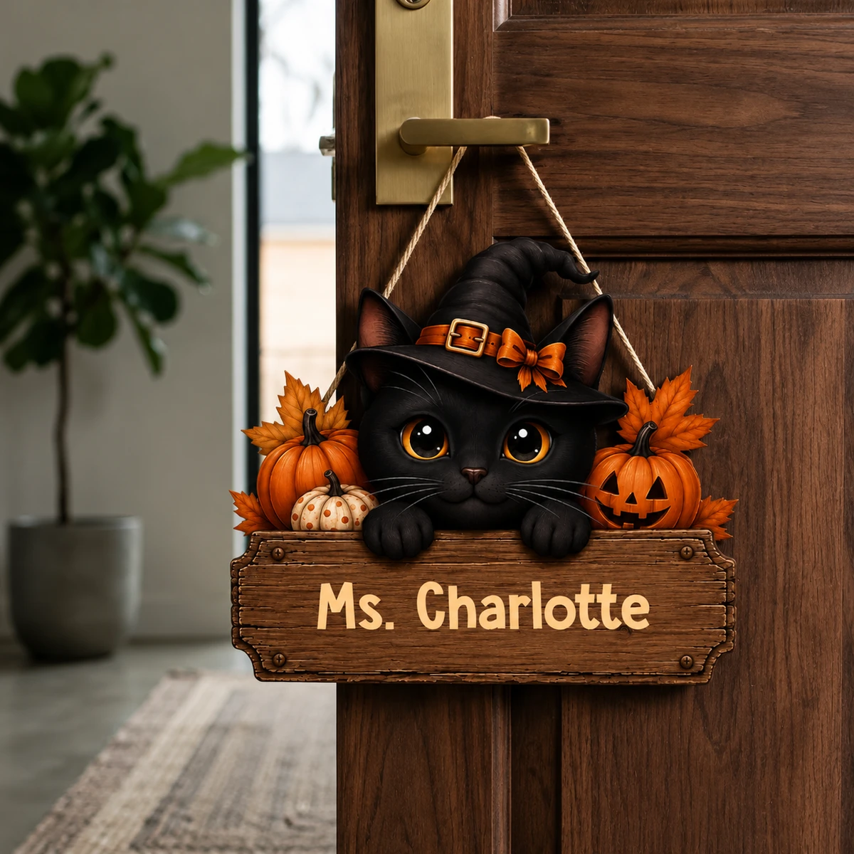 Custom Cat Lover Halloween Door Hanger, Personalized Name Black Cat Sign, Witch Hat Pumpkin Decor, Pet Lover Bedroom Door Gift