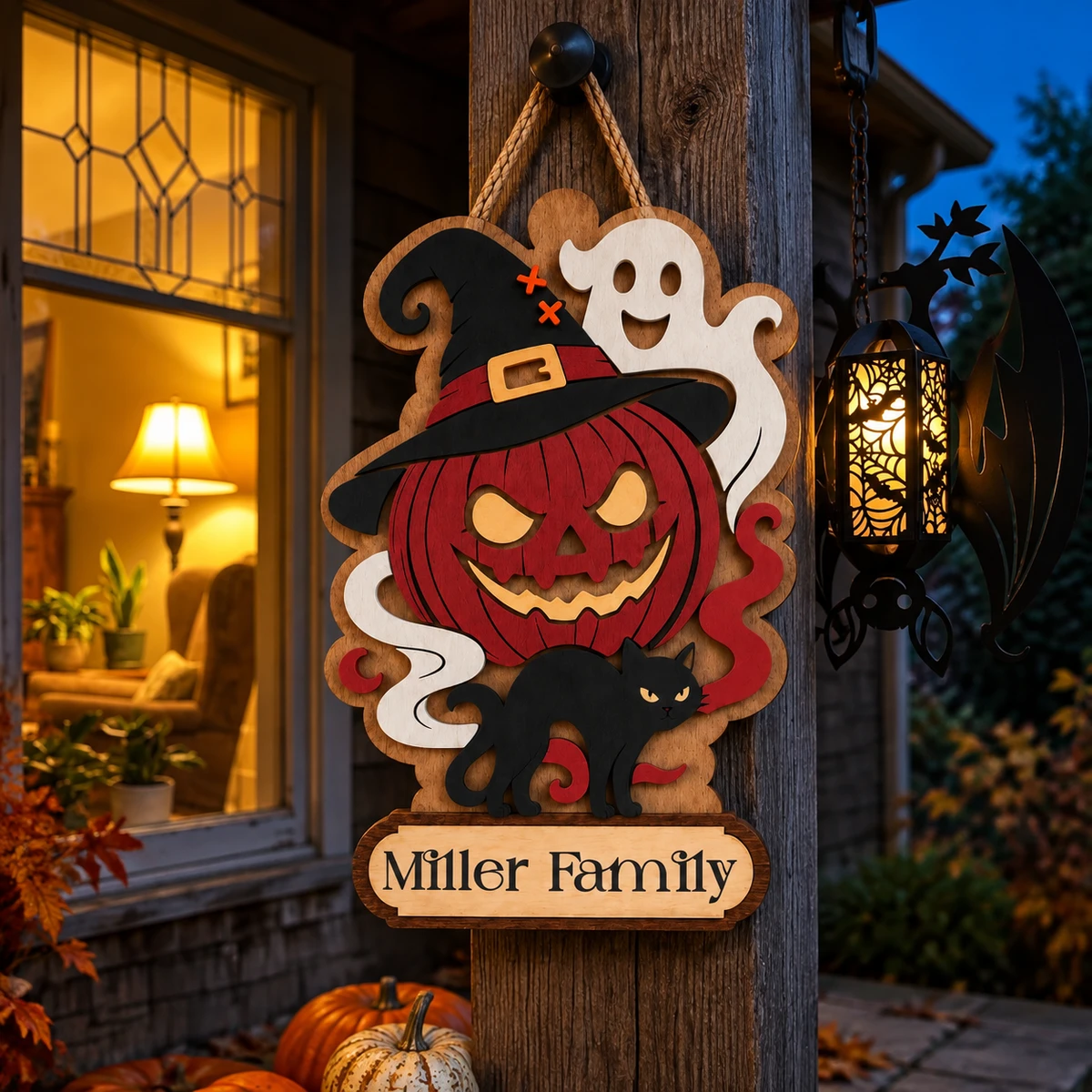 The Little Pumpkin Family Lives Here Personalized Halloween Sign, Custom Family Name Ghost Cat Door Decor, Cute Spooky Home Decoration