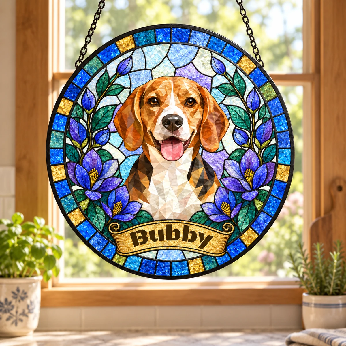 Custom Pet Portrait Stained Glass Style Gift For Pet Lovers - Personalized Window Hanging Suncatcher