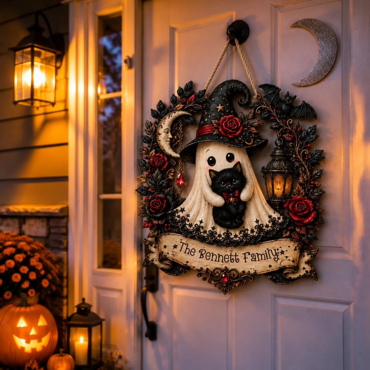 Personalized Halloween Door Sign Custom Name Family Name, Witch Ghost Black Cat Decor, Moon Rose Lantern Hanging Sign, Spooky Front Door Halloween Gift