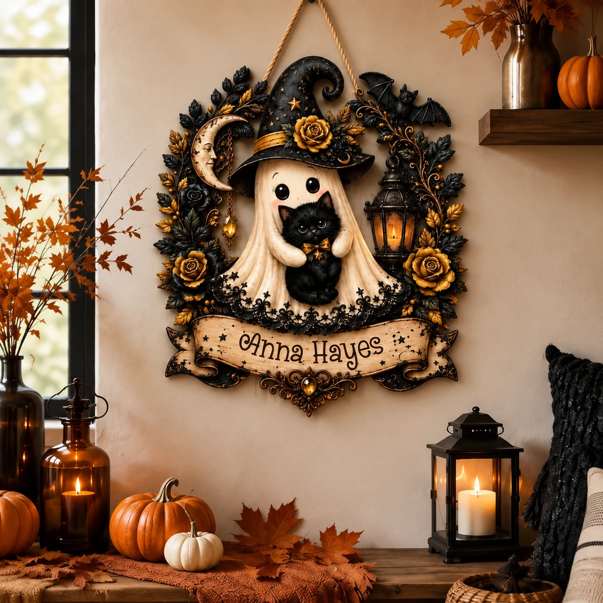 Personalized Halloween Door Sign Custom Name Family Name, Witch Ghost Black Cat Decor, Moon Rose Lantern Hanging Sign, Spooky Front Door Halloween Gift