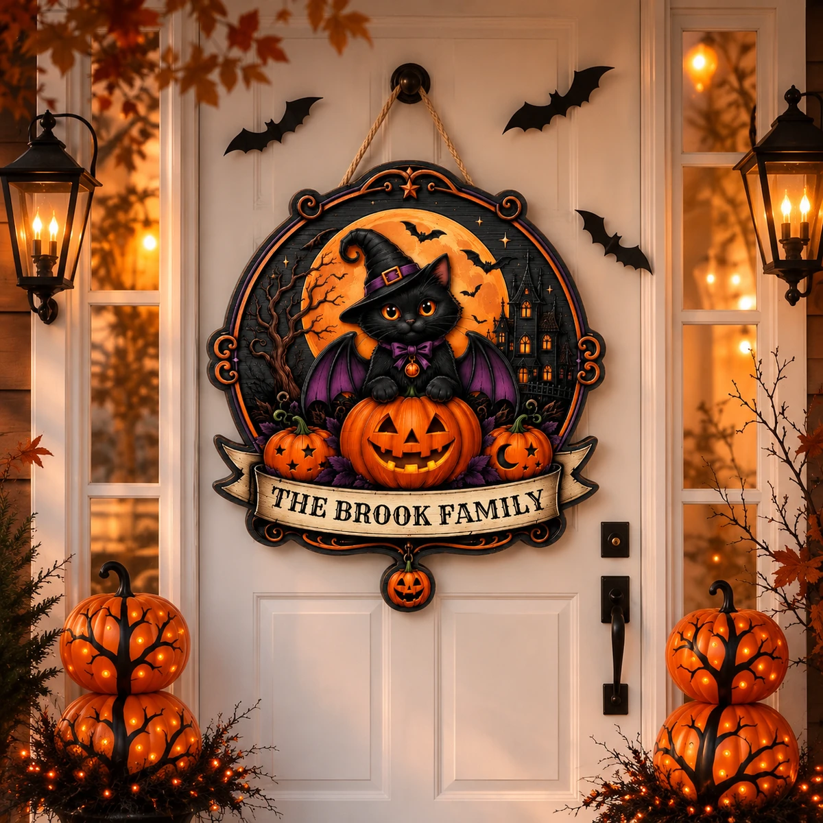 The Black Cat Guards This Home Personalized Halloween Sign, Custom Family Name Pumpkin Witch Decor, Moon Bat Front Door Decoration