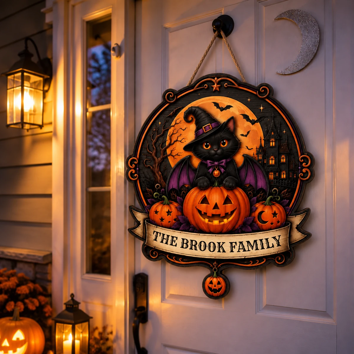 The Black Cat Guards This Home Personalized Halloween Sign, Custom Family Name Pumpkin Witch Decor, Moon Bat Front Door Decoration