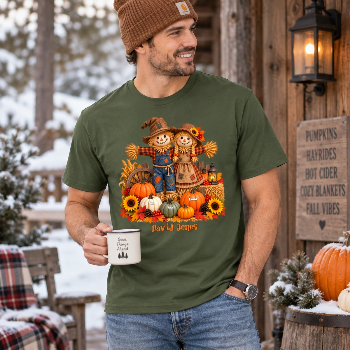 Personalized Autumn T-Shirt Custom Character And Name, Scarecrow Couple Pumpkin Harvest Shirt