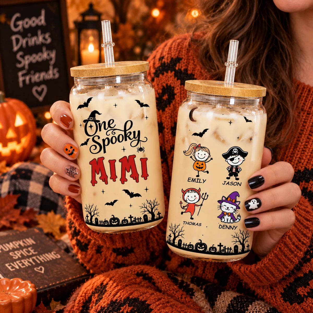 Personalized Transparent Glass Cup Custom Kids Names – Halloween Tumbler With Spooky Witch Ghost Pumpkin Design