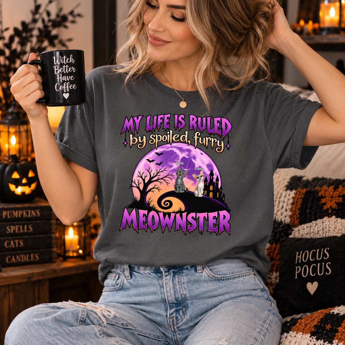 Personalized Cat Lover Halloween T-Shirt Custom Characters And Names, Spoiled Furry Meowmonster Tee