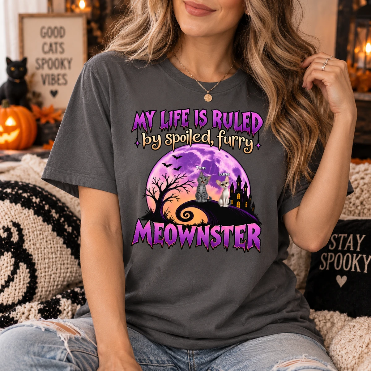 Personalized Cat Lover Halloween T-Shirt Custom Characters And Names, Spoiled Furry Meowmonster Tee