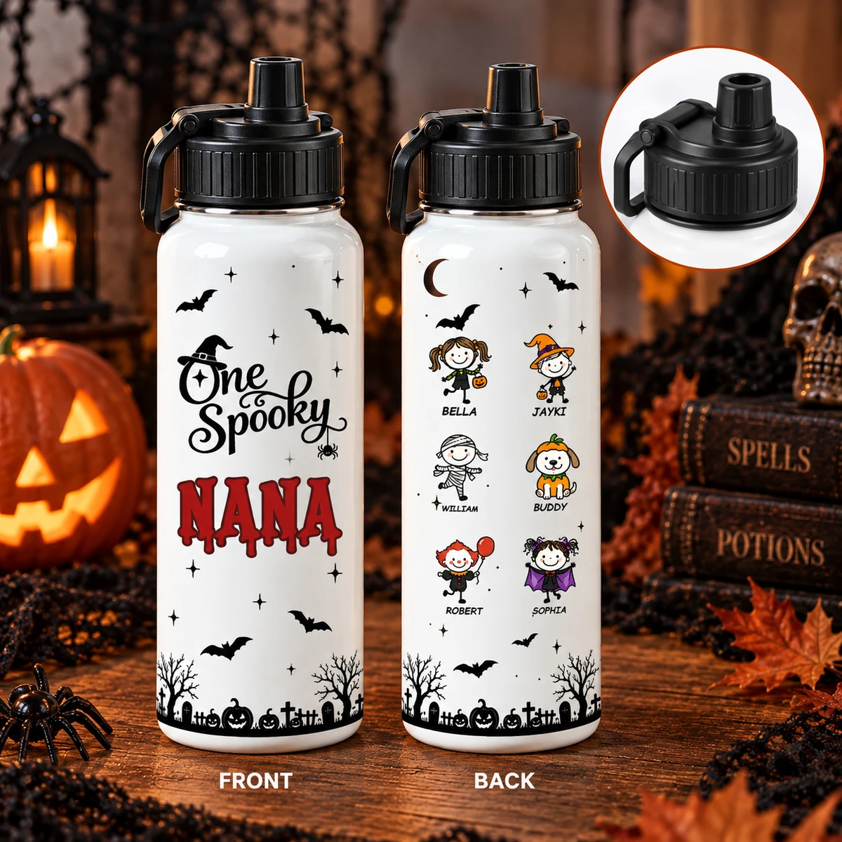 Personalized Stainless Steel Water Bottle Custom Kids Names – Halloween Spooky Witch Pumpkin Bottle