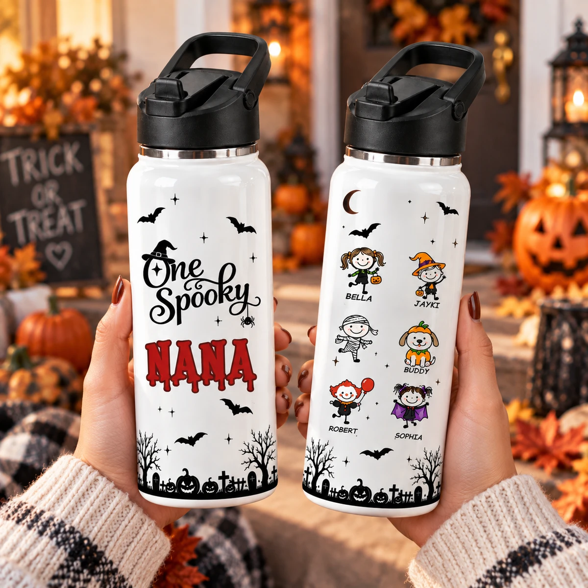 Personalized Stainless Steel Water Bottle Custom Kids Names – Halloween Spooky Witch Pumpkin Bottle