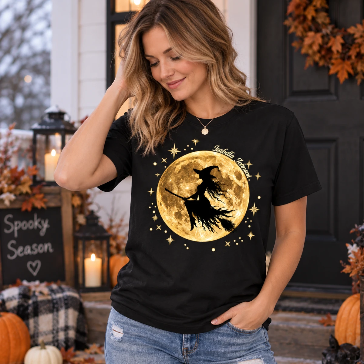 Personalized Witch T Shirt Custom Name Golden Full Moon and Stars Halloween Gift