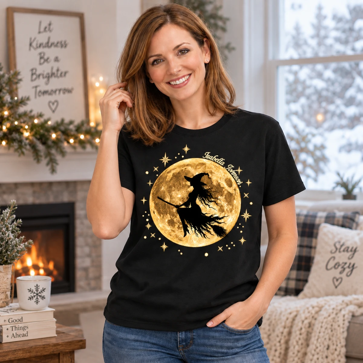 Personalized Witch T Shirt Custom Name Golden Full Moon and Stars Halloween Gift