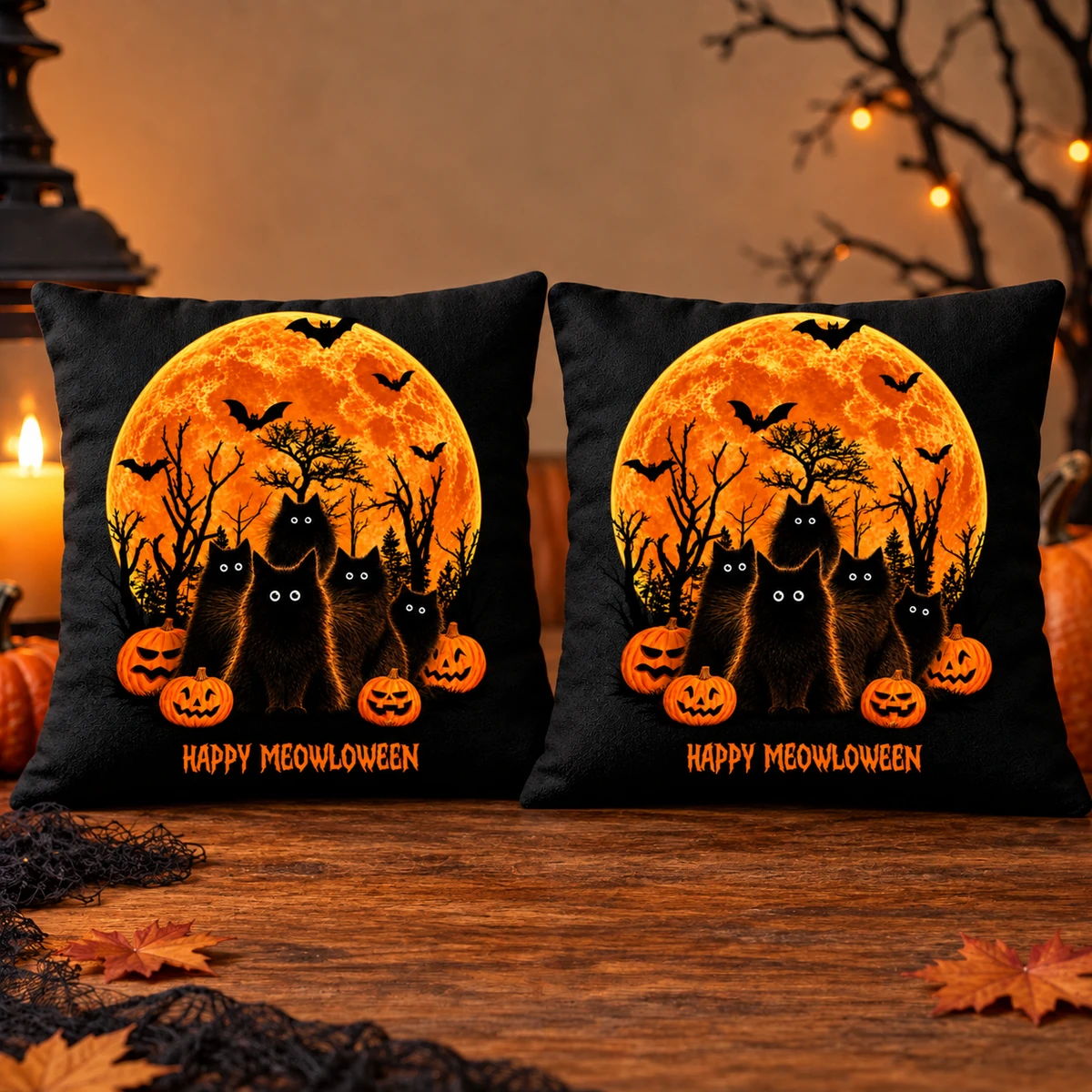 Happy Meowloween Pillow Custom Text Black Cat Halloween Throw Pillow Gift