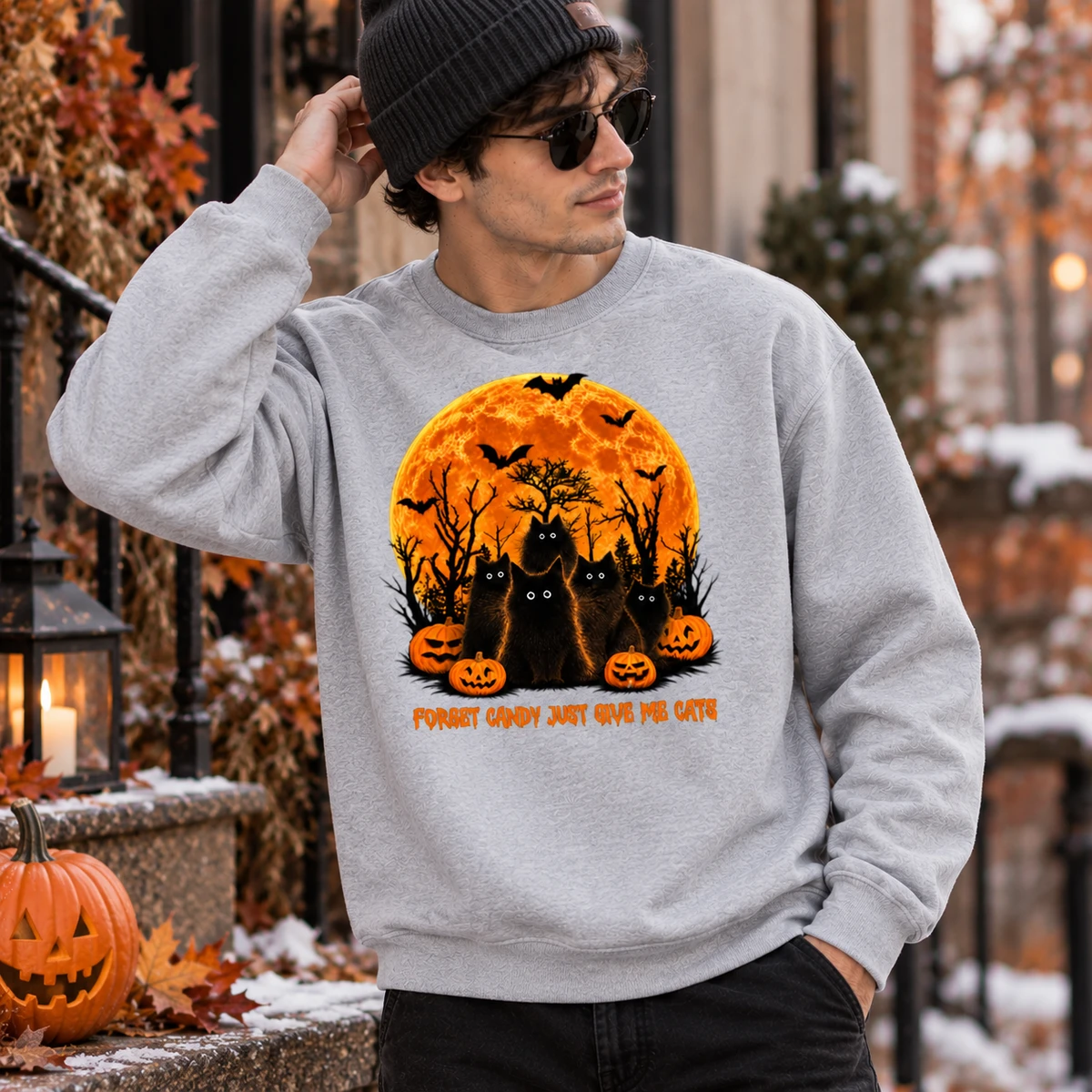 Personalized Halloween Cat Sweatshirt Custom Name Black Cat Pumpkin Moon Spooky Fall Gift