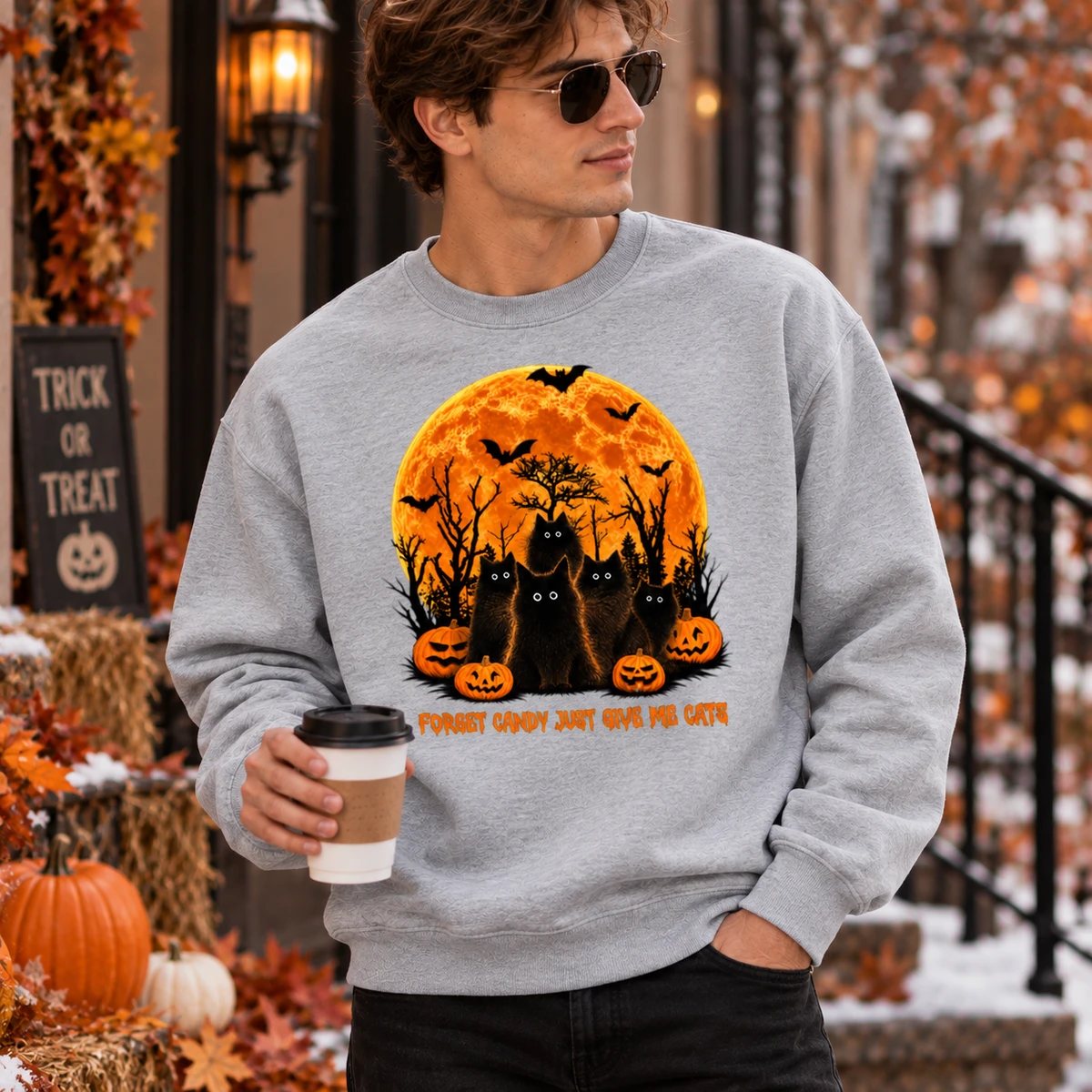 Personalized Halloween Cat Sweatshirt Custom Name Black Cat Pumpkin Moon Spooky Fall Gift