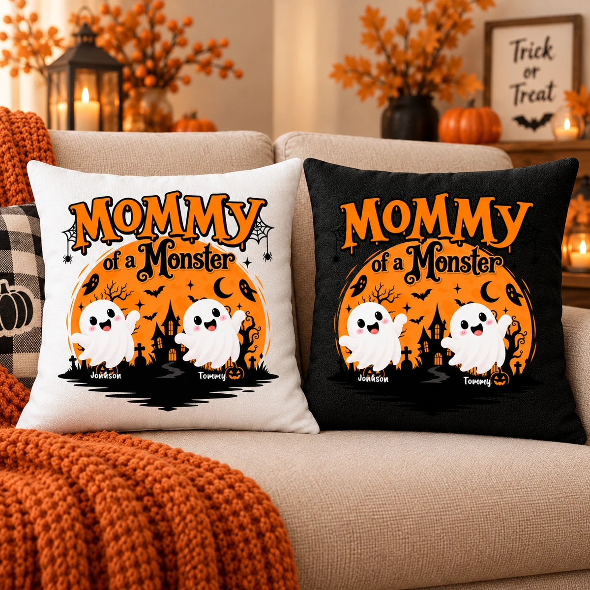 Personalized Mommy of a Monster Pillow Custom Name Halloween Ghost Family Throw Pillo