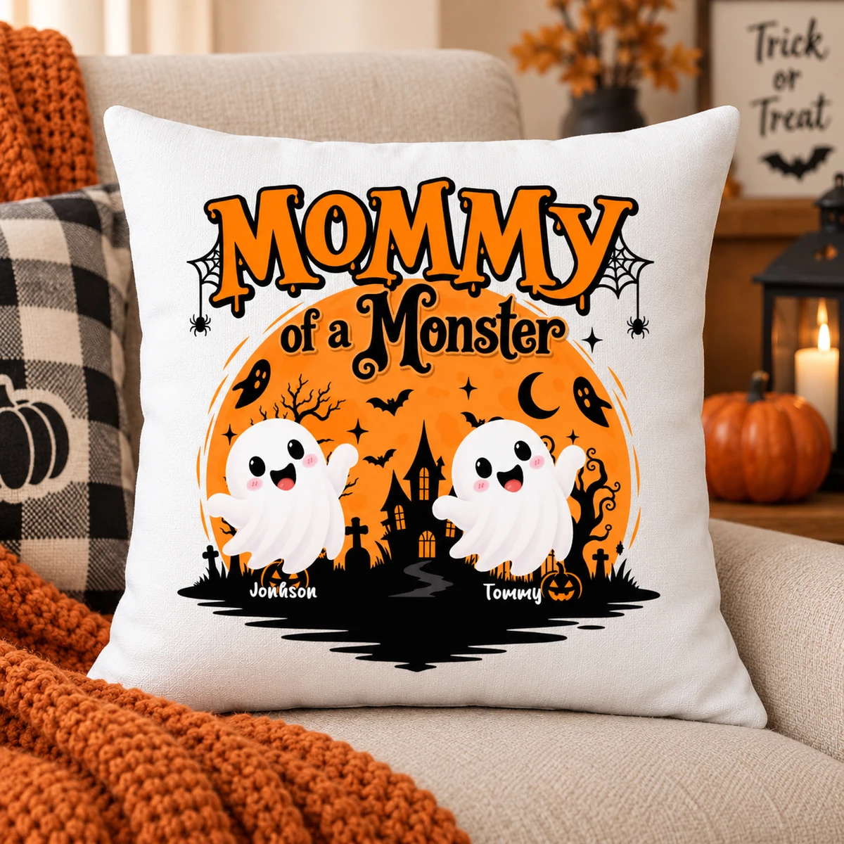Personalized Mommy of a Monster Pillow Custom Name Halloween Ghost Family Throw Pillo