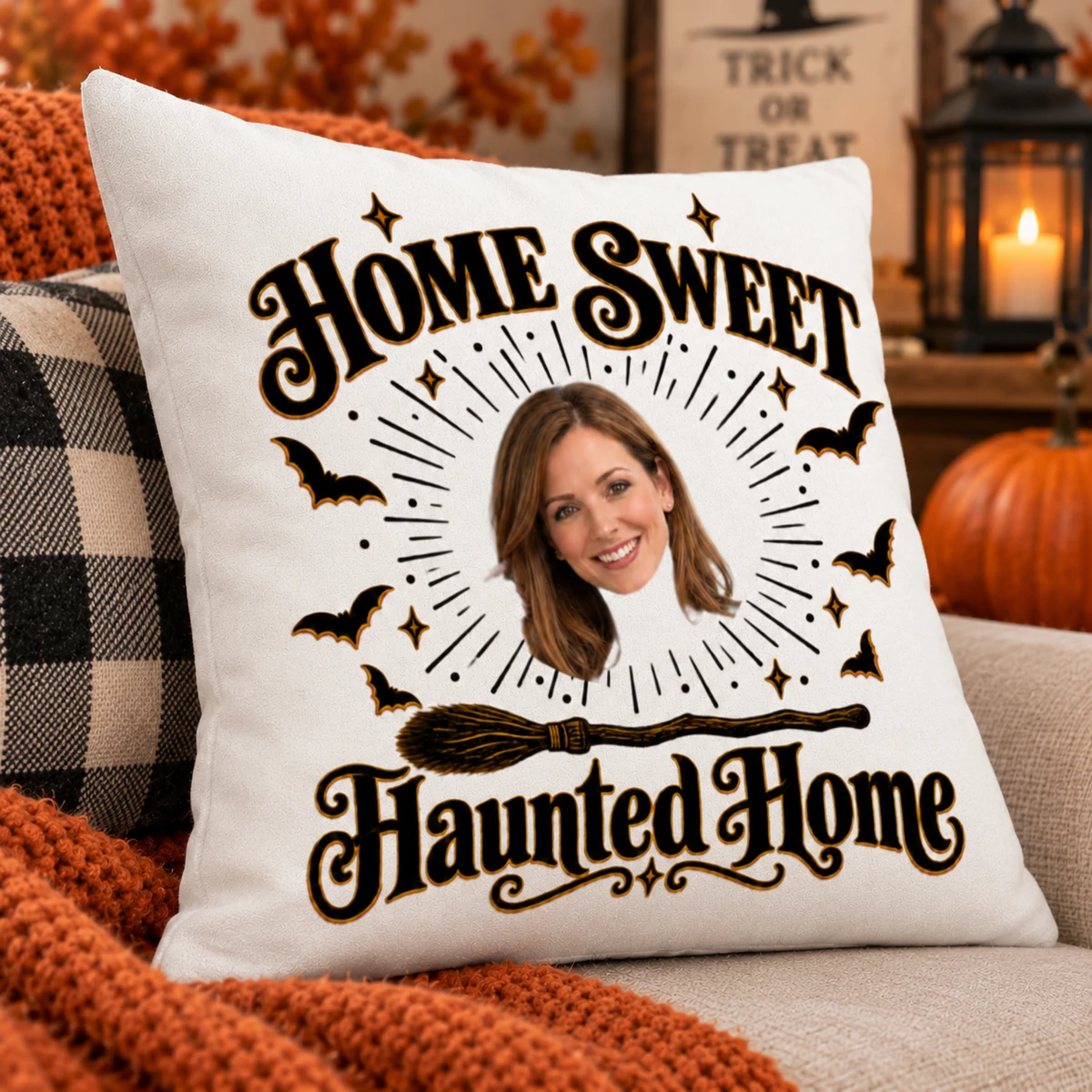 Custom Photo Halloween Pillow Home Sweet Haunted Home Personalized Face Cushion