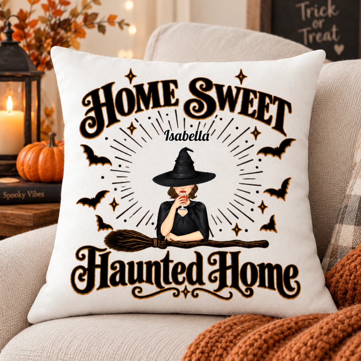 Custom Witch Halloween Pillow Personalized Name Haunted Home Spooky Season Decor