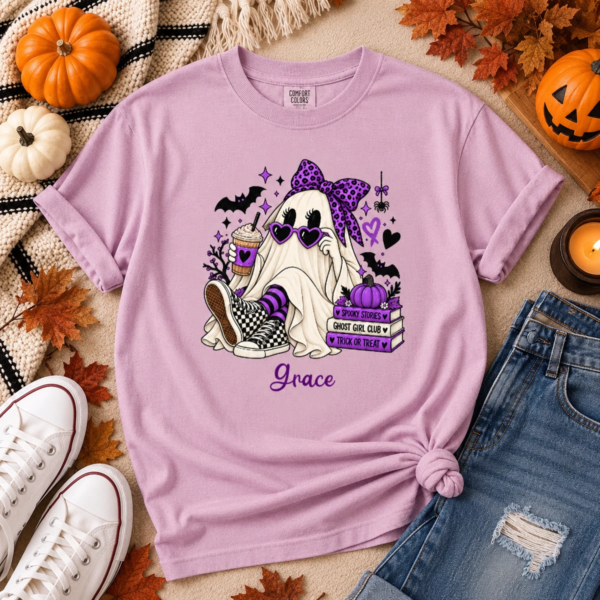Custom Name Halloween T Shirt, Ghost Girl Pumpkin Graphic Sweatshirt Hoodie, Personalized Spooky Halloween Shirt, Cute Gift for Her
