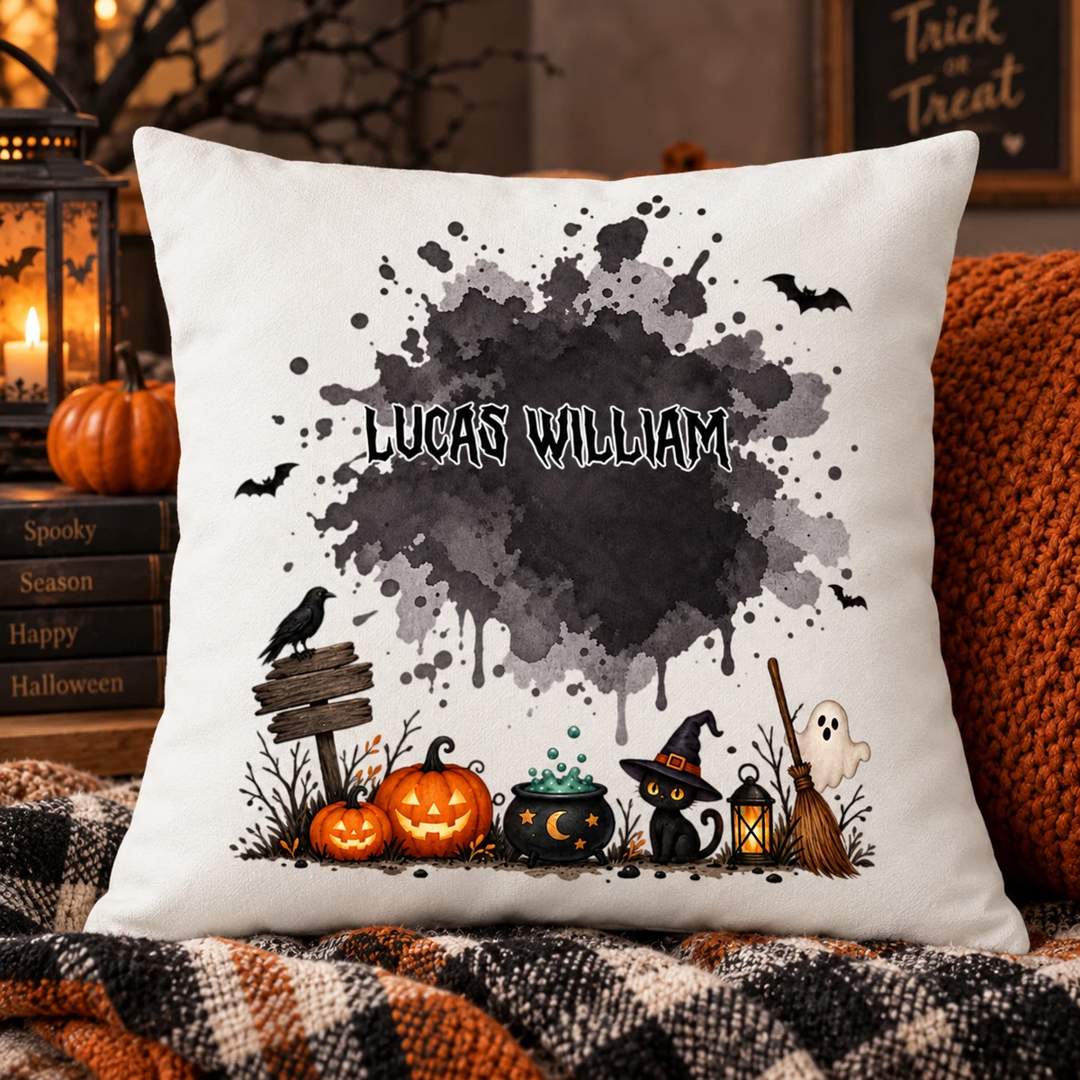 Custom Halloween Pillow Personalized Name Spooky Watercolor Background Fall Home Decor