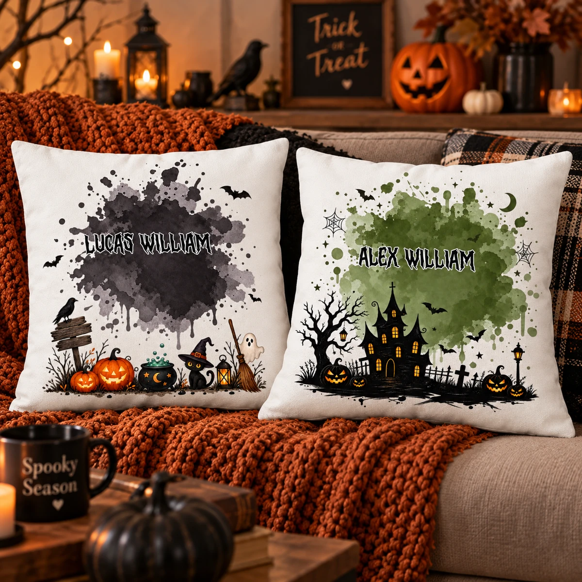 Custom Halloween Pillow Personalized Name Spooky Watercolor Background Fall Home Decor