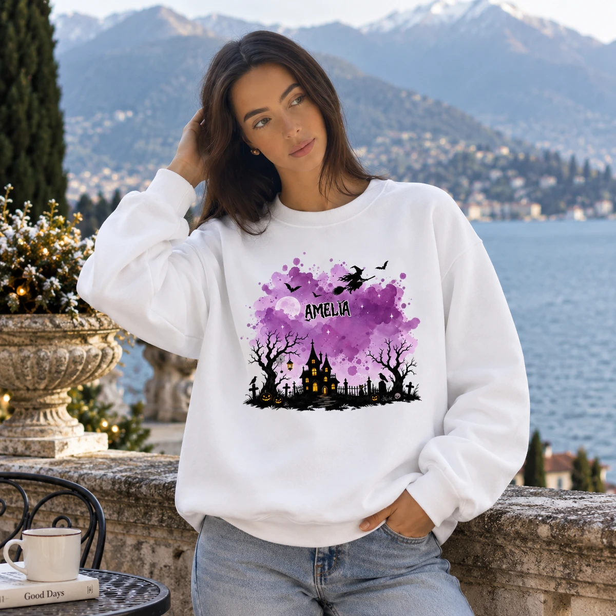 Custom Name Halloween Sweatshirt Choose Background Haunted Castle Spooky Season Sweater