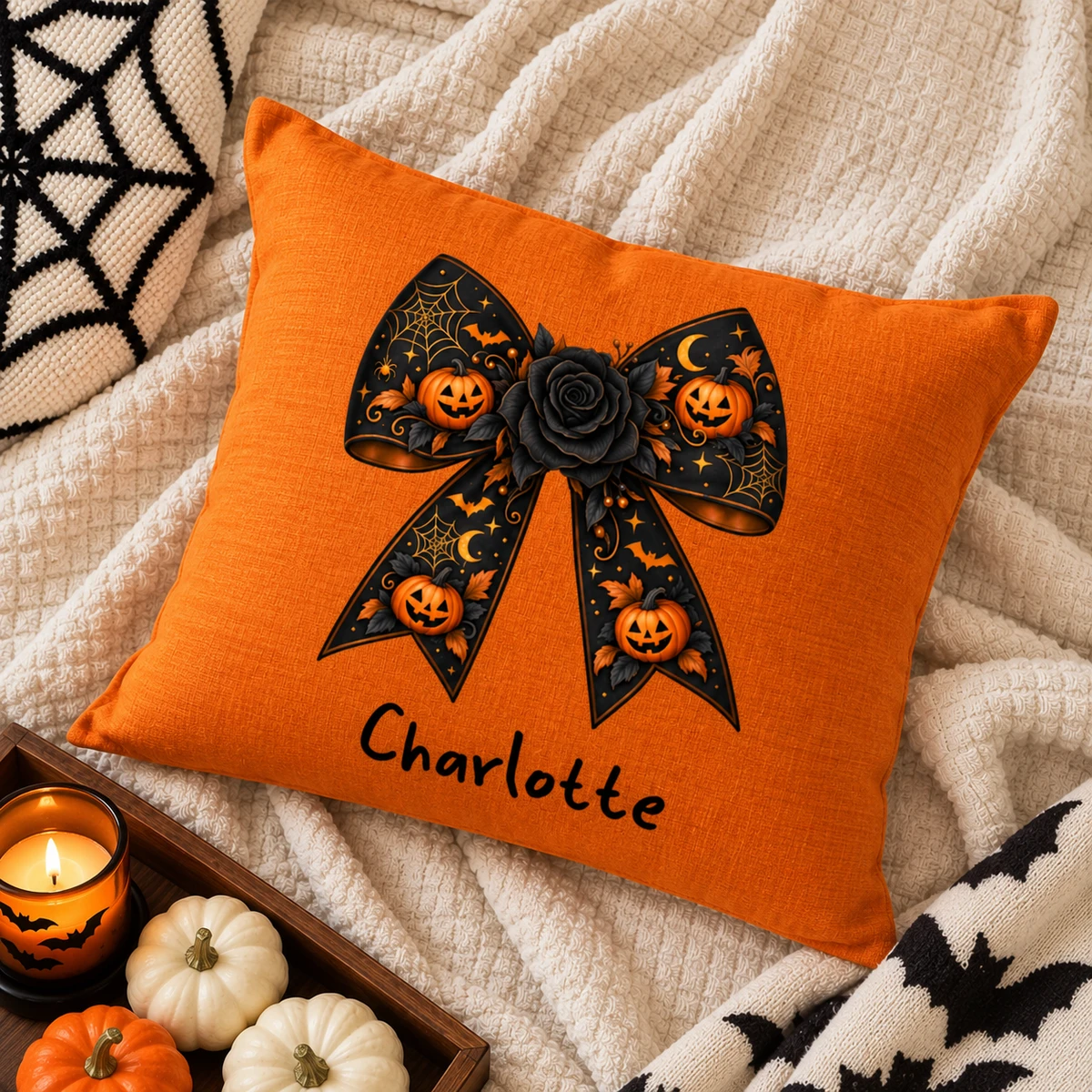 Personalized Halloween Pillow Custom Name, Black Cat Crescent Moon Cushion, Gothic Floral Celestial Throw Pillow, Witchy Fall Home Decor Gift